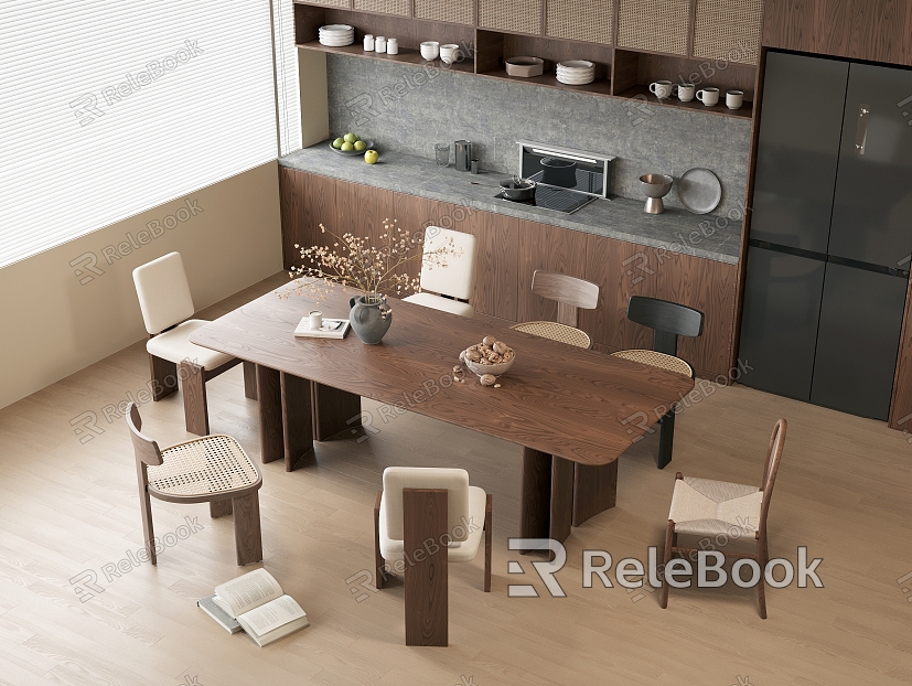 Dining Table and Chair Solid Wood Dining Table Solid Wood Dining Chair Rattan Net Dining Chair Solid Wood Cabinet Marble Kitchen Table Refrigerator Integrated Gas Stove Tableware Kitchenware Flower Pot model