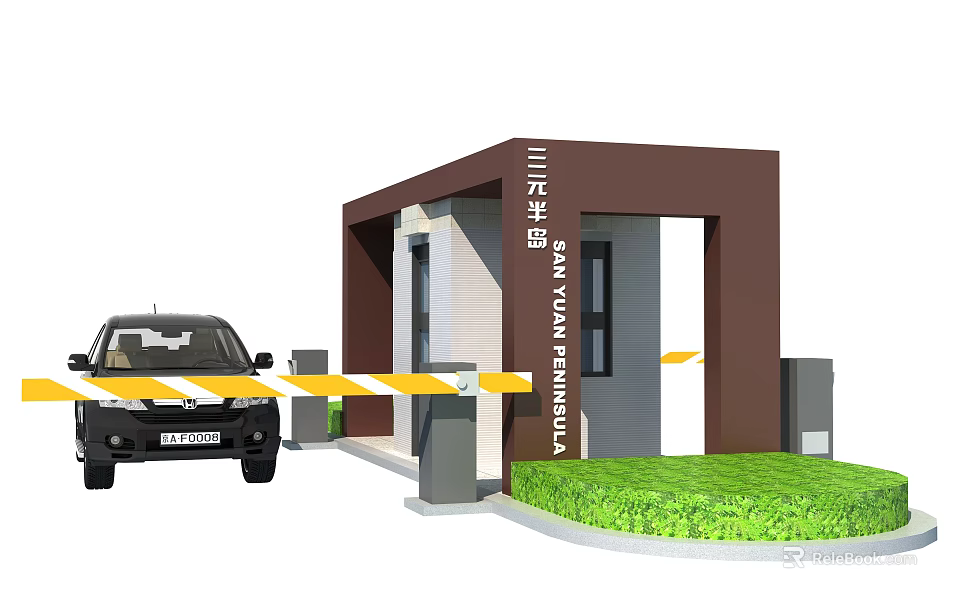 Modern Sanyun Huating Residential Entrance Building With Vehicle Barrier And Lawn 3d model 