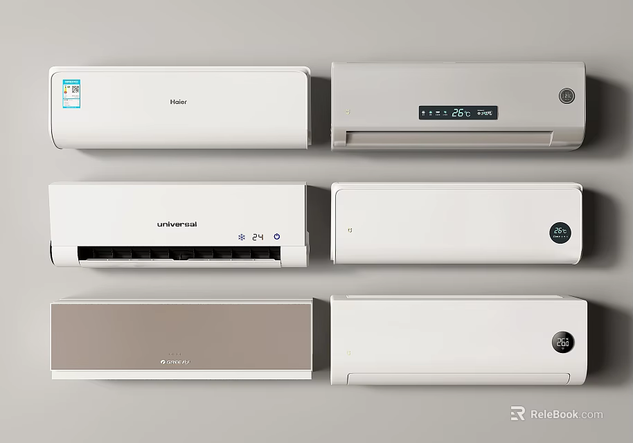 Various Modern Wall Mounted Air Conditioner Fan Models with White and Beige Colors 3d model 