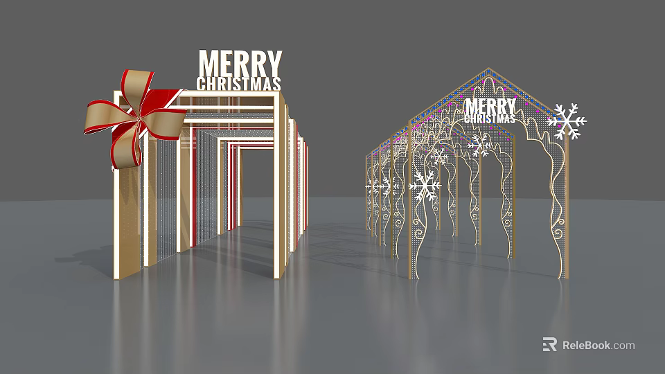 Festive Christmas Decorations With Red Bow Arches Snowflakes And Merry Christmas Sign 3d model 