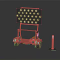 Red Mobile Traffic Safety Warning Device with Wheels Black Panel Circular Holes and Red Post