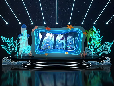 Stunning Stage Design With Blue Neon Lighting Starry Backdrop And Green Plant Decorations 3d model