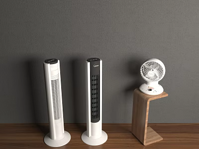 Modern Tower And Table Air Cooler Fans White Black On Wooden Surface Grey Wall 3d model