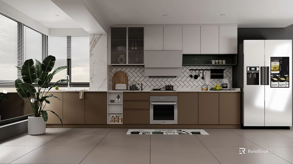 Modern Kitchen Interior Design With Brown White Cabinets Marble Countertops And Island 3d model 