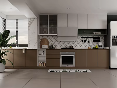 Modern Kitchen Interior Design With Brown White Cabinets Marble Countertops And Island 3d model