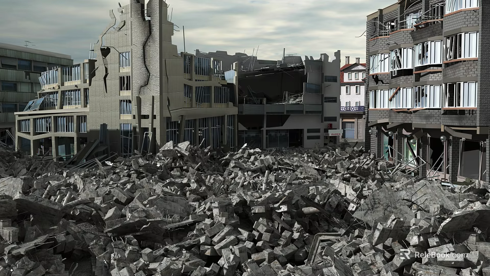 Collapsed Building Structures with Rubble Piles and Damaged Walls 3d model 
