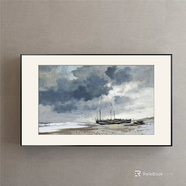 Seaside Landscape Painting with Dark Clouds Overcast Sky and Moored Boat on Sandy Beach 3d model 