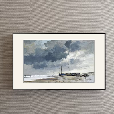 Seaside Landscape Painting with Dark Clouds Overcast Sky and Moored Boat on Sandy Beach 3d model