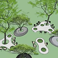 Puzzle Shaped Landscape Seats With Trees And Green Grass Patches In Outdoor Garden