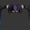 Game Fantasy Character With Purple Hood Red Black Cropped Top Fishnet Waist Glowing Blue Orbs