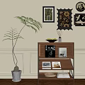 Stylish Entryway Side Cabinet With Potted Plant Decorative Frames Magazines And Books