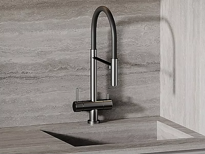 Modern High Arc Kitchen Faucet On Gray Stone Wall Countertop With Sink 3d model
