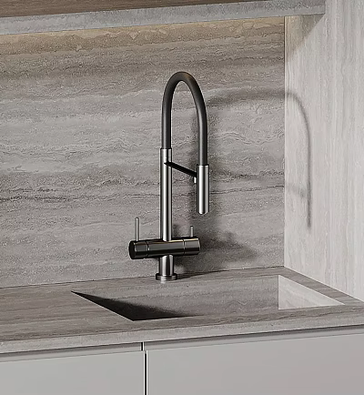 Modern High Arc Kitchen Faucet On Gray Stone Wall Countertop With Sink 3d model