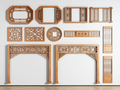Traditional Wooden Carved Windows With Various Shapes Decorative Patterns And Classic Chinese Design 3d model
