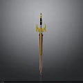 Ornate Decorative Sword with Red Blade and Golden Hilt Design Displayed on Gray Background