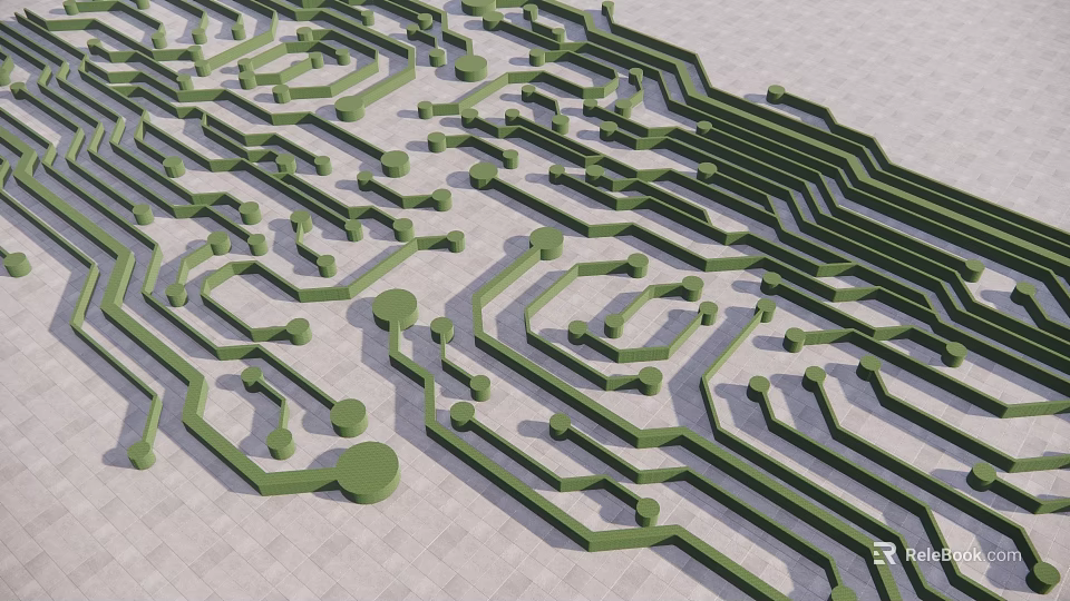 Garden Landscape Design With Green Geometric Lines And Circular Pavement Patterns 3d model 