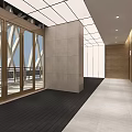 Modern Elevator Corridor With Geometric White Frames Perforated Ceiling And Glass Doors 3d model
