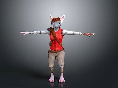 3D Mouse Like Character Model In Red Vest Brown Pants Standing With Arms Outstretched 3d model