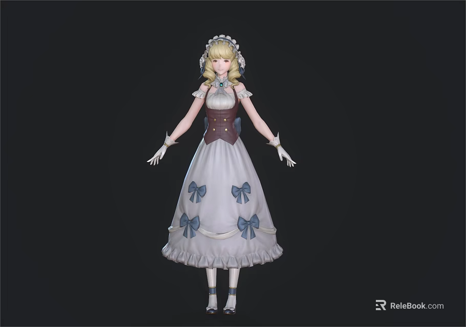 Child Wearing White Dress With Blue Bows Brown Vest And White Hair Accessory 3d model 
