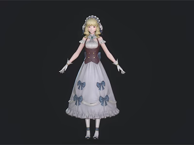 Child Wearing White Dress With Blue Bows Brown Vest And White Hair Accessory 3d model