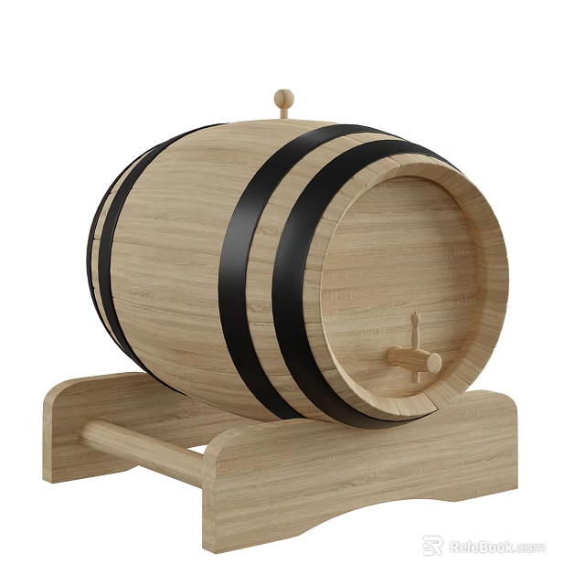 Decorative Wooden Barrel With Black Stripes Top Knob And Stand Tap 3d model 