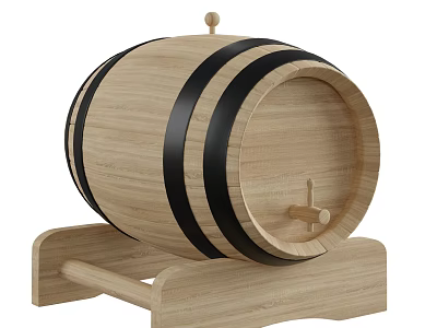 Decorative Wooden Barrel With Black Stripes Top Knob And Stand Tap 3d model