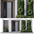 Modern Building Entrance With Black Door Green Living Wall And Decorative Plants