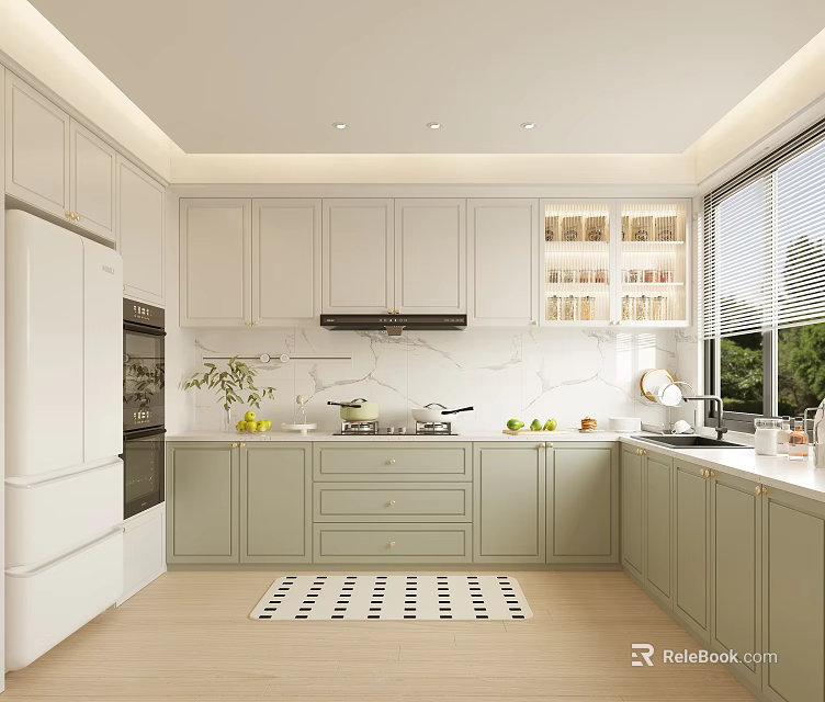 Modern Kitchen Interior With Light Green White Cabinets Marble Countertop Natural Light And Appliances 3d model 