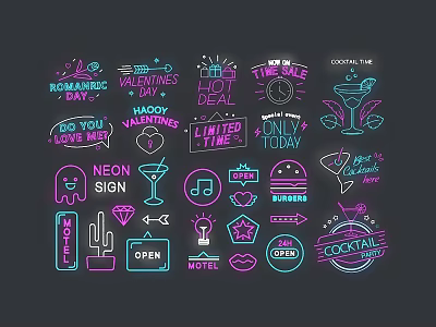 Neon Decorative Lights With Romantic Valentines Cocktail Heart Letters And Patterns 3d model