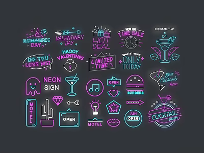 Neon Decorative Lights With Romantic Valentines Cocktail Heart Letters And Patterns 3d model