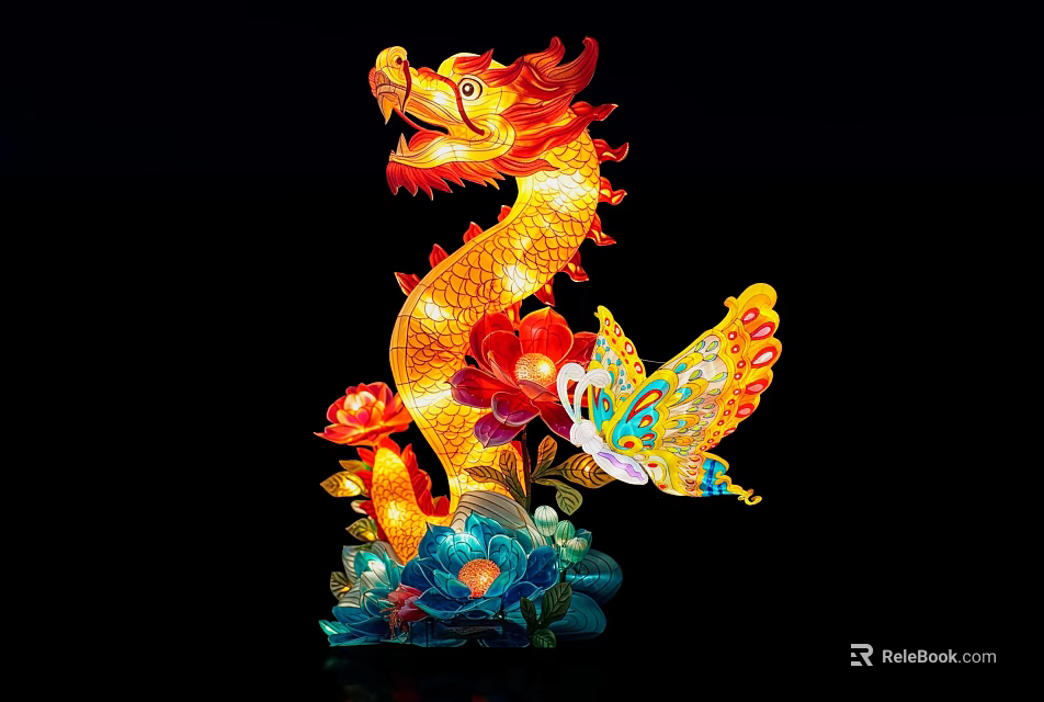 Vibrant Colorful Illuminated Dragon Landscape Sculpture With Lotus Flowers And Butterfly 3d model 