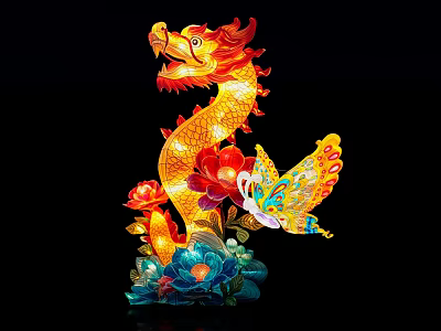Vibrant Colorful Illuminated Dragon Landscape Sculpture With Lotus Flowers And Butterfly 3d model