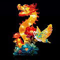 Vibrant Colorful Illuminated Dragon Landscape Sculpture With Lotus Flowers And Butterfly