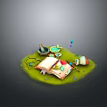 Open Book With Daily Life Items On Green Surface And Decorative Elements 3d model