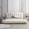 Modern Upholstered Double Bed With Cream Tufted Headboard And Nightstand Lamp