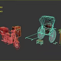 Classic Red Rickshaw Bicycle With Black Canopy Red Seat And Wooden Stool