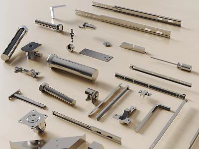 Assorted Metal Hardware Accessories Including Handles Hinges And Sliding Rails 3d model