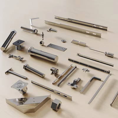 Assorted Metal Hardware Accessories Including Handles Hinges And Sliding Rails 3d model