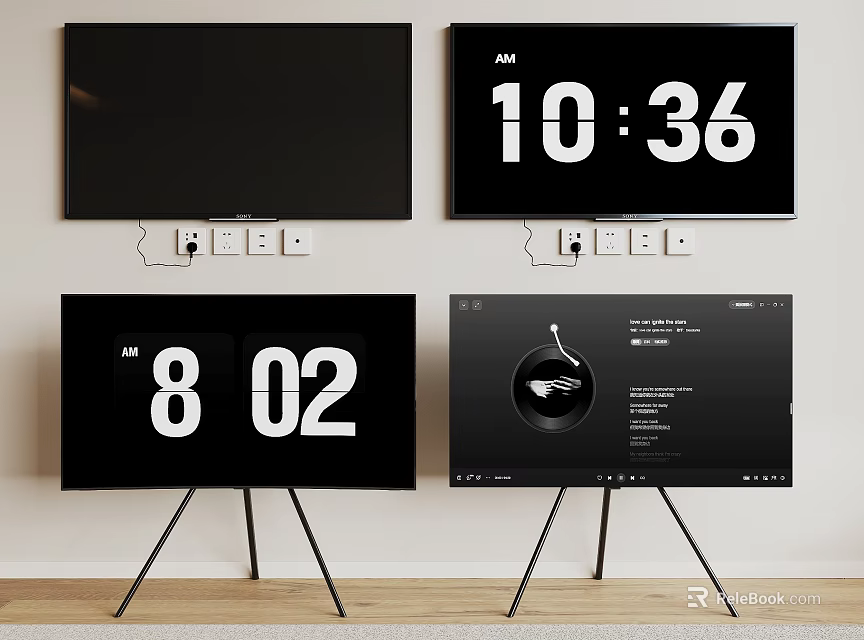Modern TVs on Tripod Stands Display Time and Music Interface Screens 3d model 