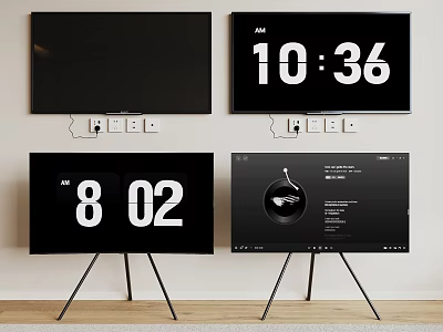 Modern TVs on Tripod Stands Display Time and Music Interface Screens 3d model