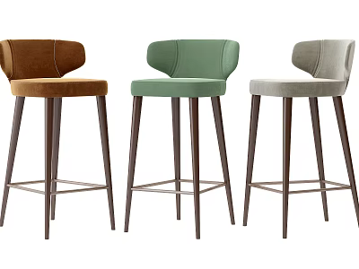 Three Modern Bar Stools With Curved Backrest And Velvet Upholstery In Brown Green Beige 3d model