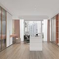 Modern Walk in Closet Interior with White Central Island Wooden Flooring and City View Windows