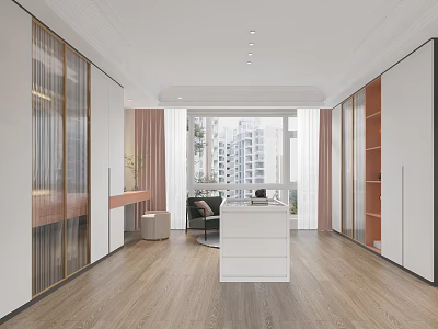 Modern Walk in Closet Interior with White Central Island Wooden Flooring and City View Windows 3d model