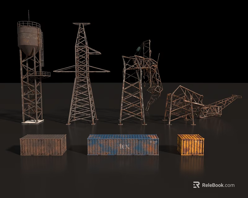 Industrial Style Metal Structures With Water Tower Power Towers Crane And Colored Containers 3d model 