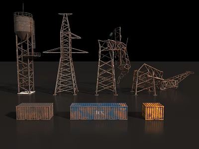 Industrial Style Metal Structures With Water Tower Power Towers Crane And Colored Containers 3d model