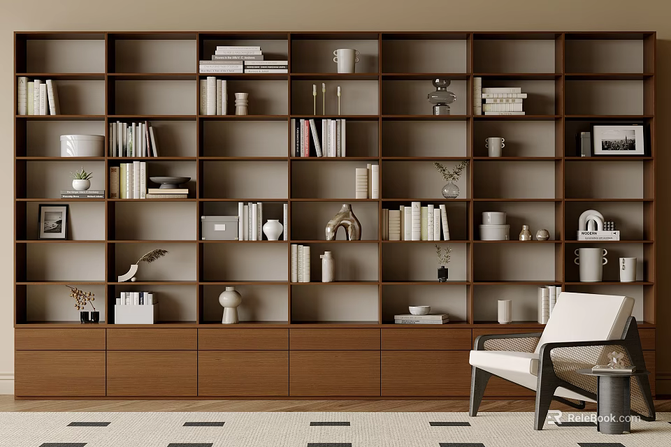 Modern Wooden Bookcase With Open Shelves Books Decorative Items And Living Room Chair 3d model 