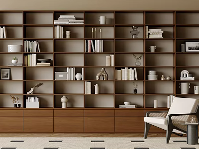 Modern Wooden Bookcase With Open Shelves Books Decorative Items And Living Room Chair 3d model