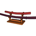 Decorative Ornament Set With Red Purple Curved Elements And Wooden Base