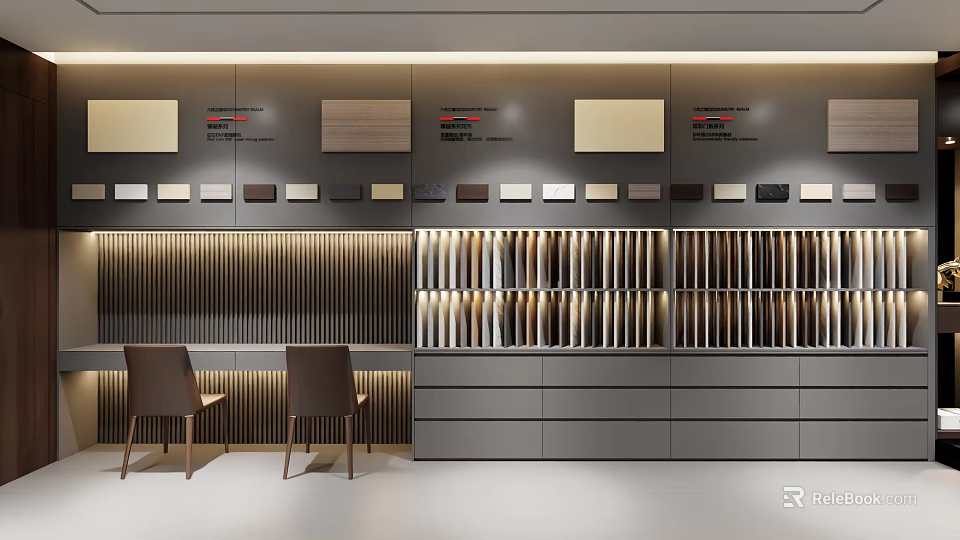 Modern Material Sample Showcase With Colorful Texture Panels And Display Cabinets 3d model