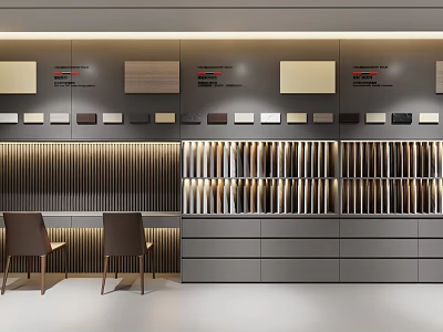 Modern Material Sample Showcase With Colorful Texture Panels And Display Cabinets 3d model